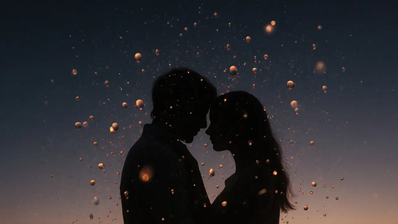 Silhouetted figures embraced in shadow, with glowing droplets floating around them like symbols of vulnerability and trust.