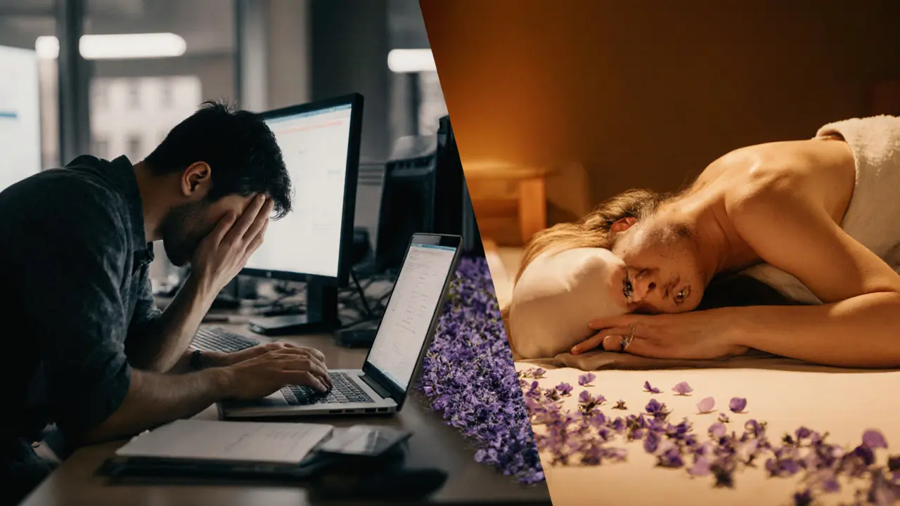 Split image: stressed office worker on one side, peaceful massage recipient on the other, connected by lavender petals.