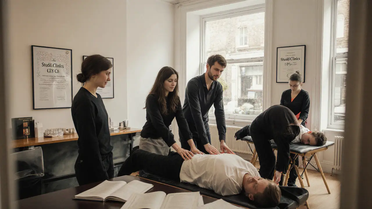 Students practicing massage under supervision at a London therapy school with natural light and clinical decor.