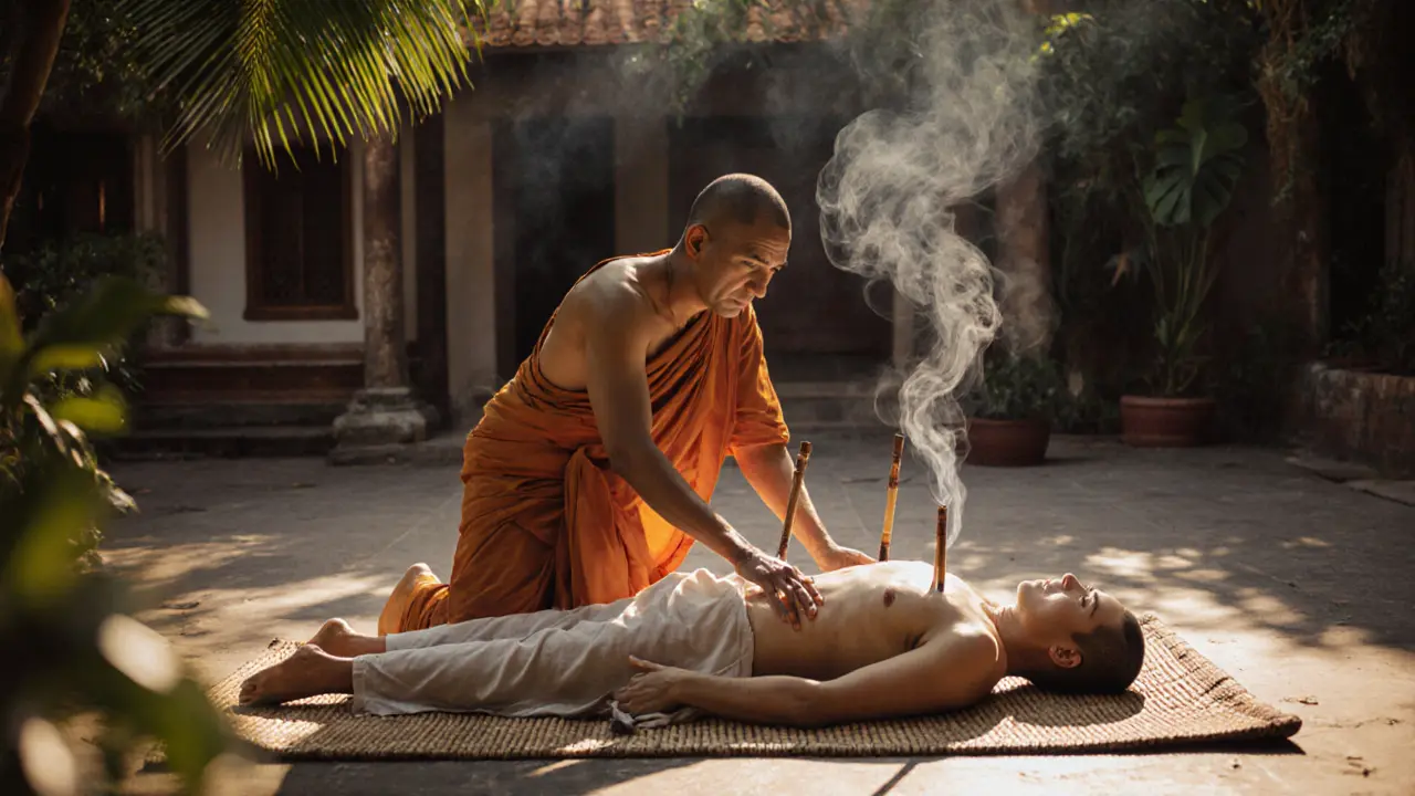 Thai monk performing traditional massage on a mat at dawn in a temple courtyard.