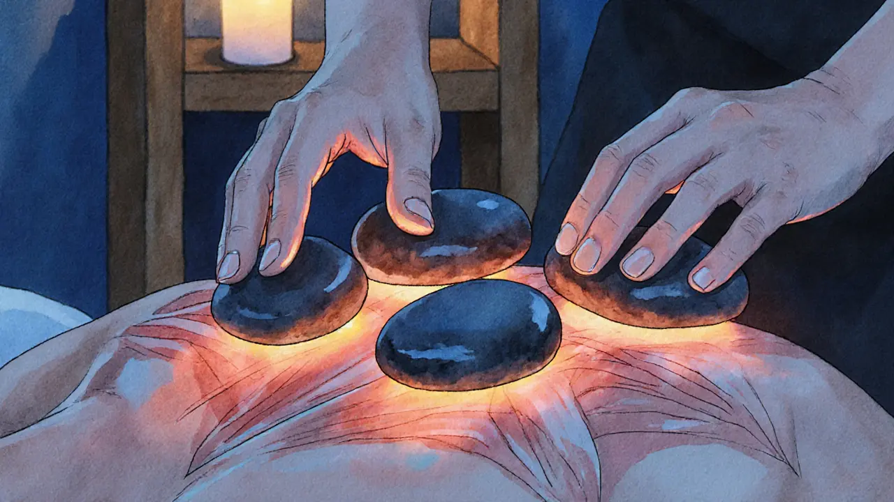 Therapist&#039;s hands moving heated stones over relaxed shoulders, glowing warmth contrasting cool shadows in a serene spa setting.