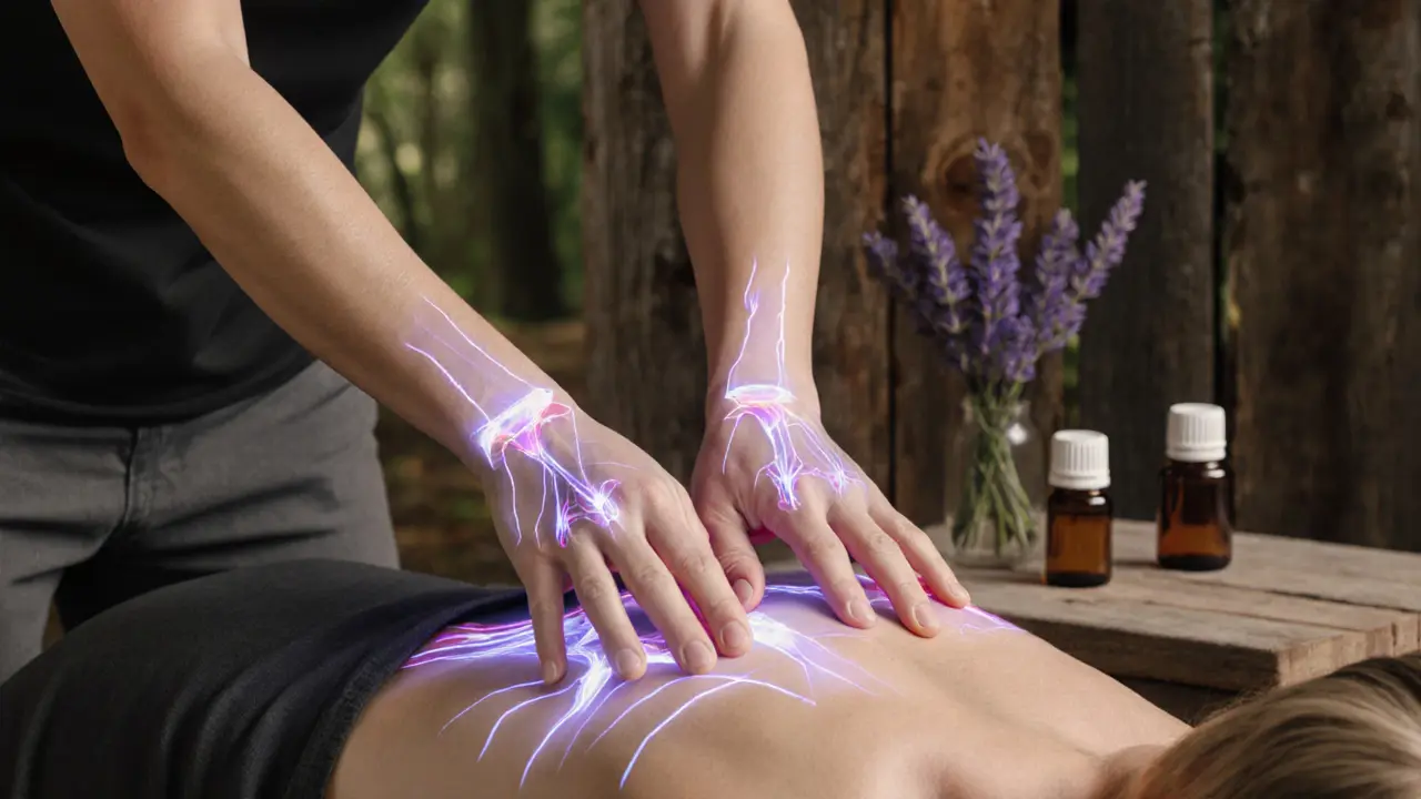 Therapist&#039;s hands working on a client&#039;s back with subtle anatomical overlays showing tension relief.