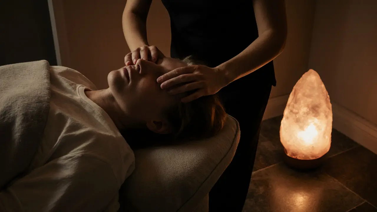 Therapist using gentle craniosacral techniques on a relaxed client in a softly lit, minimalist studio with a glowing salt lamp.