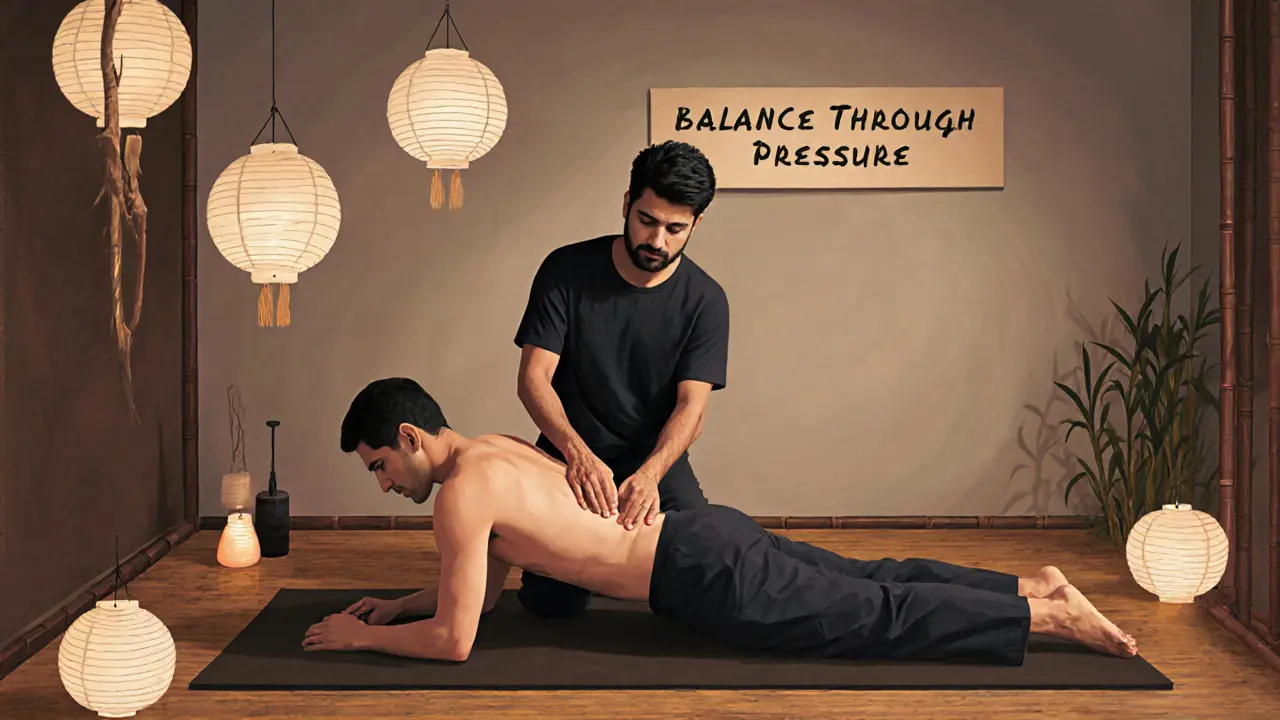 Therapist using pressure and stretches on a seated client during a Thai-Shiatsu session in a minimalist clinic.