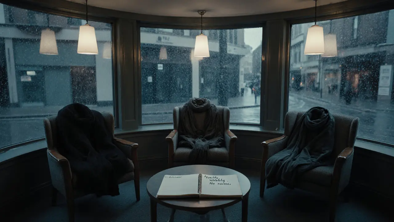 Three empty chairs in a library circle, a notebook open with handwritten rules about consent.
