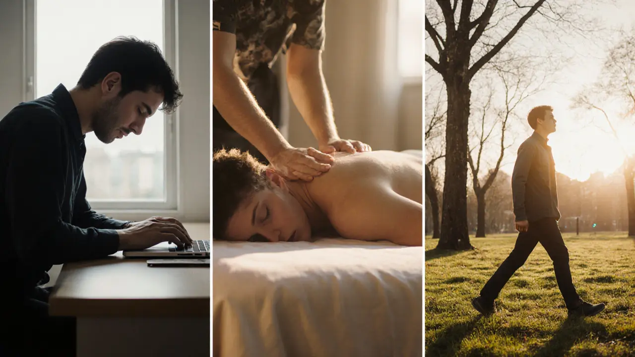 Three panels showing the transition from stress at a desk to relaxation during massage to calm movement in nature.