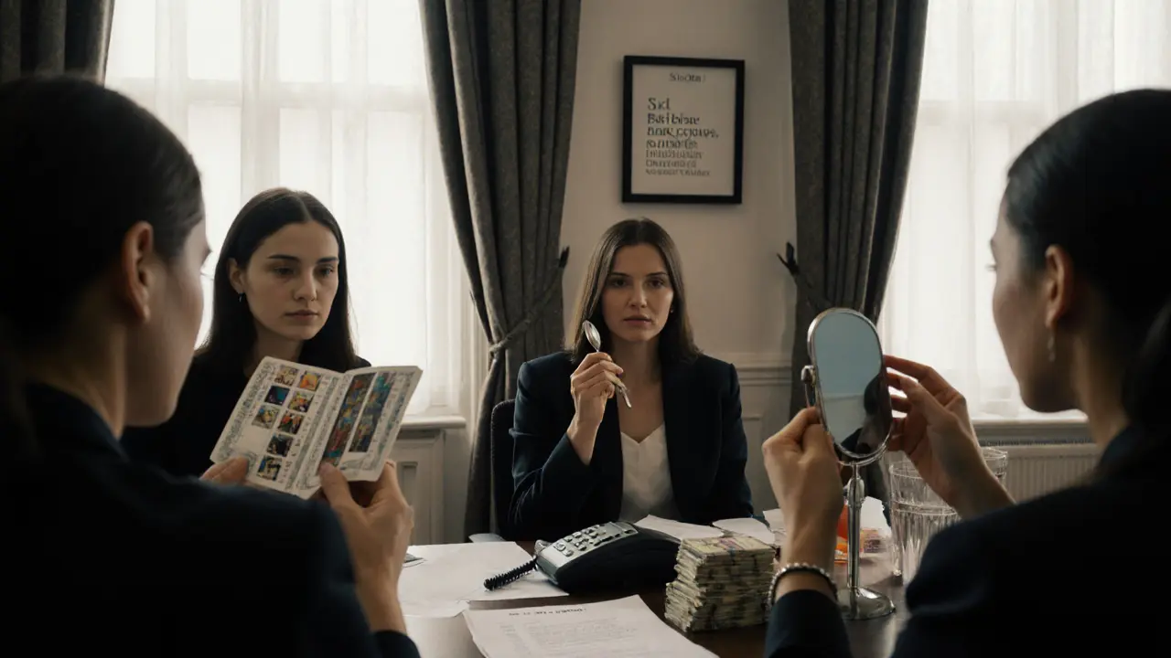 Three professional companions prepare for an event in a discreet agency office, reviewing art history and practicing etiquette.