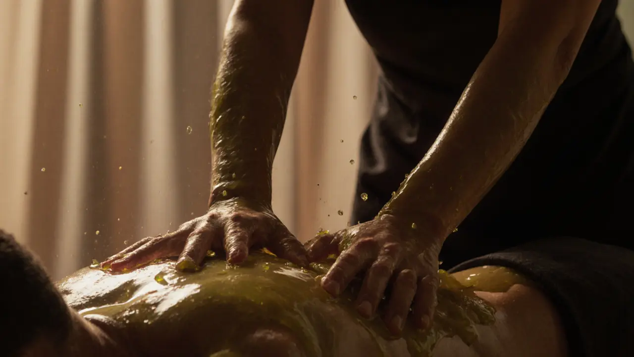 Two bodies in smooth, full-body contact during a nuru session, with gel shimmering under soft light.