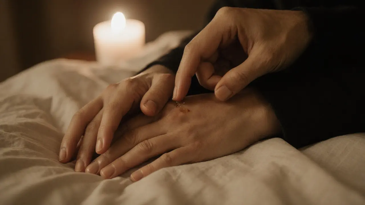 Two hands clasped tightly on a bedsheet, with a faint glistening trace on skin, symbolizing emotional closeness.