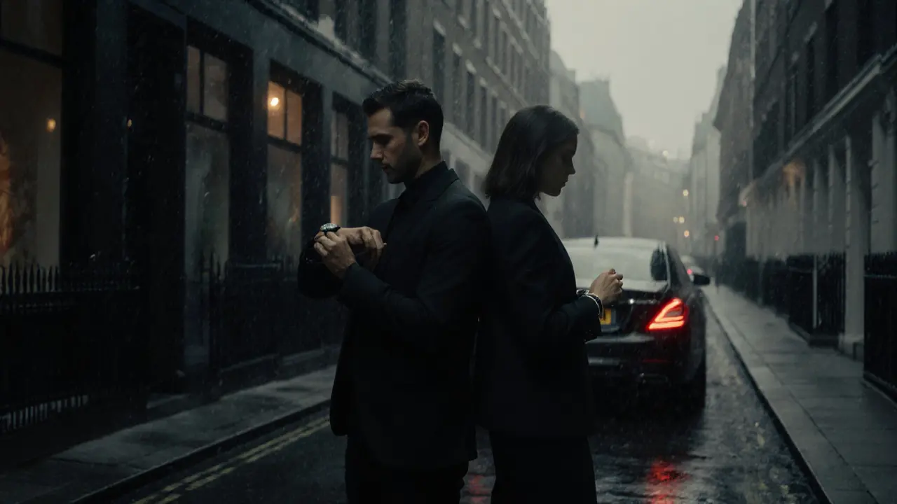 Two independent escorts in a London alley, one checking a safety device, a car waiting nearby in the rain.