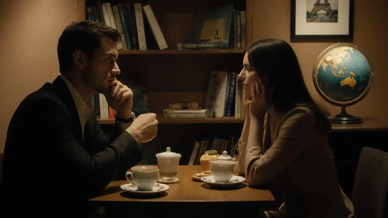 Two people engaged in calm, respectful conversation over tea, emphasizing non-sexual companionship and emotional connection.