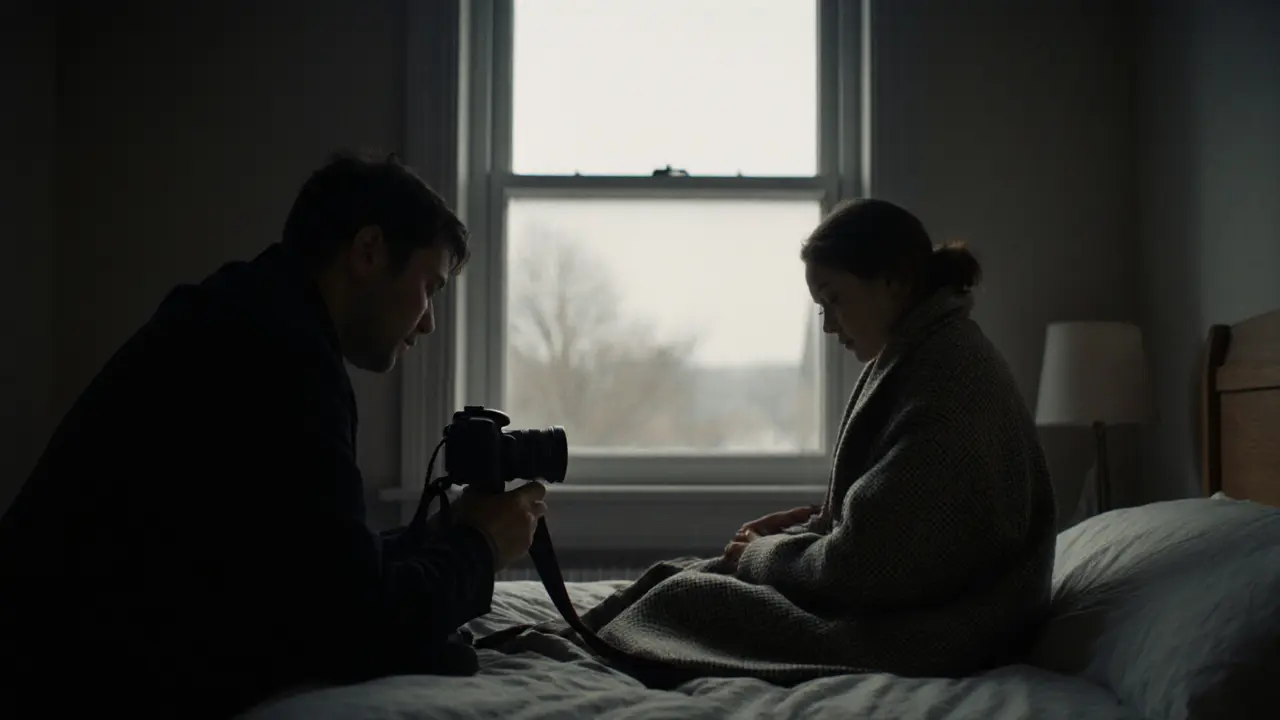 Two people sit silently on a bed, one wrapped in a coat, facing away from the camera in quiet dignity.