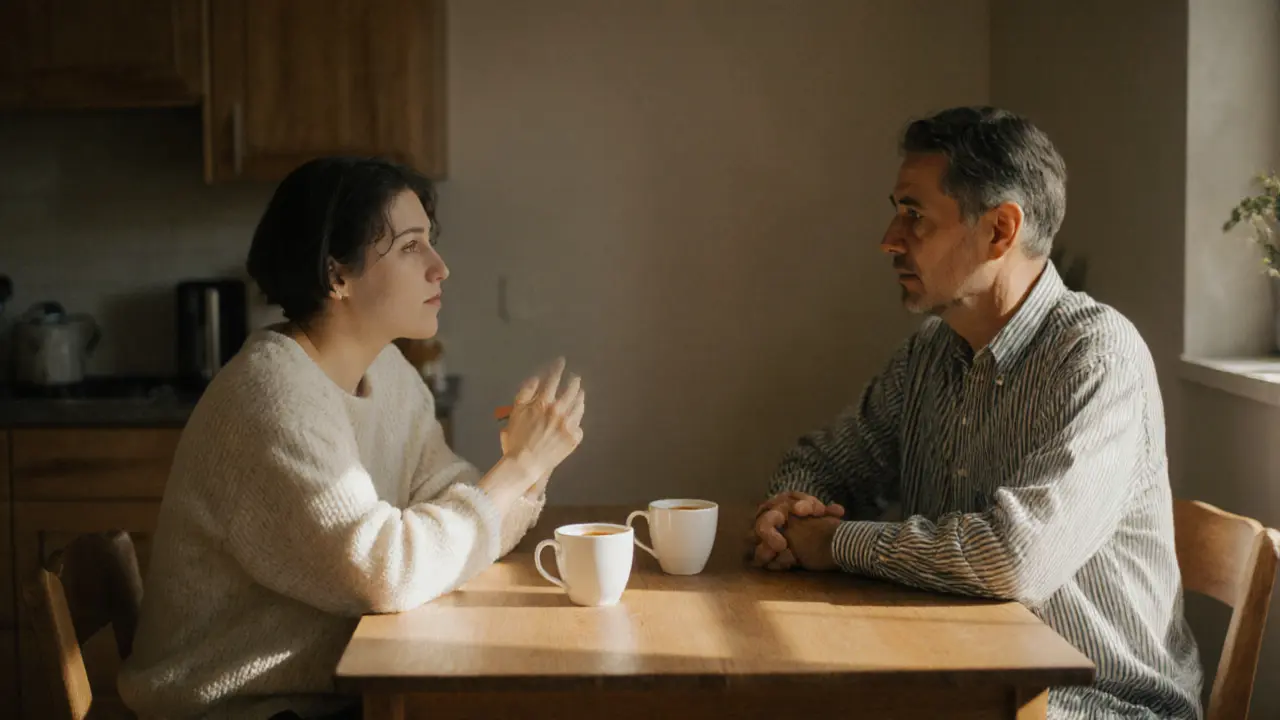 Two people talking openly at a kitchen table, sharing a moment of honest connection.