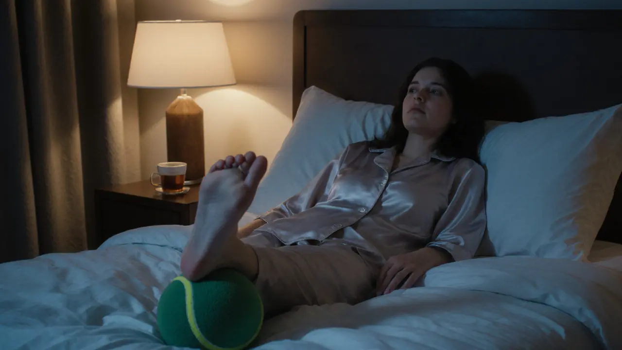 Woman relaxing in bed, rolling a tennis ball under her foot before sleep.