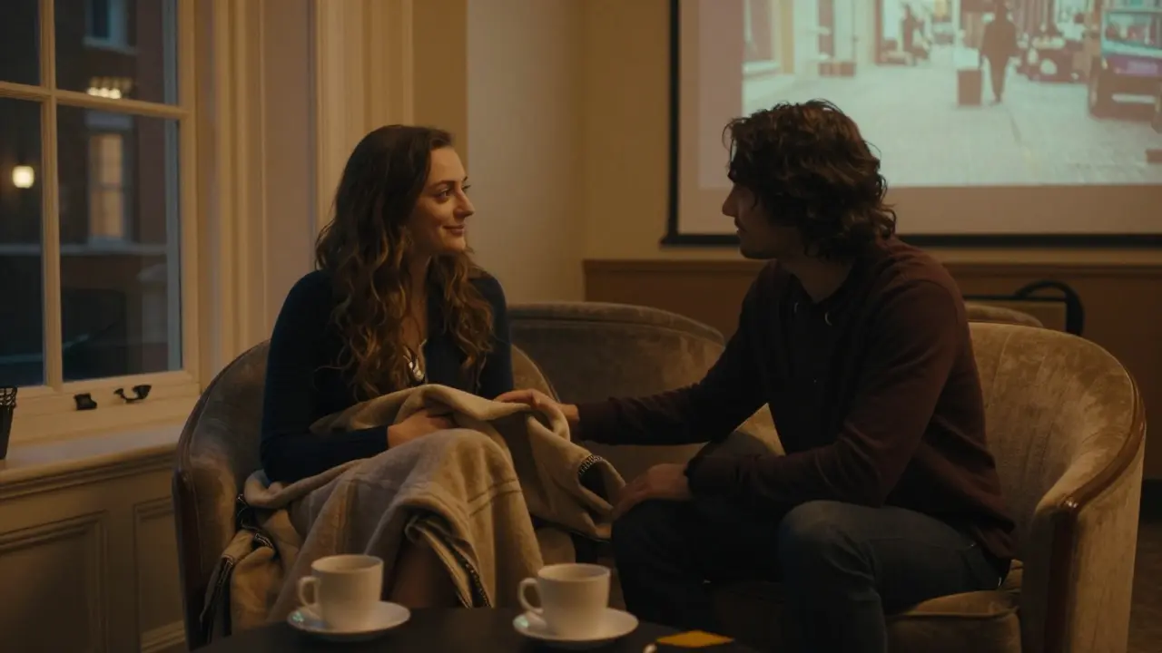 A calm moment in a cozy London lounge as one person receives a blanket, expressing emotional comfort without words.
