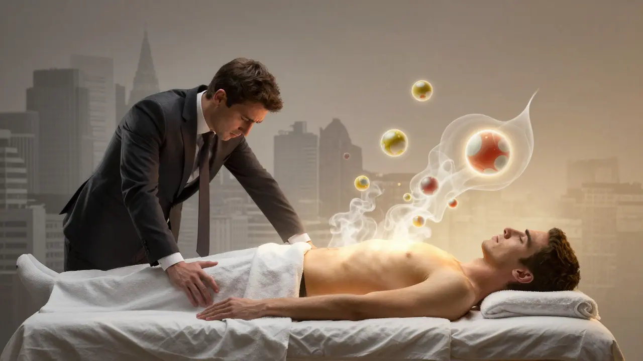 A commuter transforming from stress to calm during a massage, with tension melting into golden light.