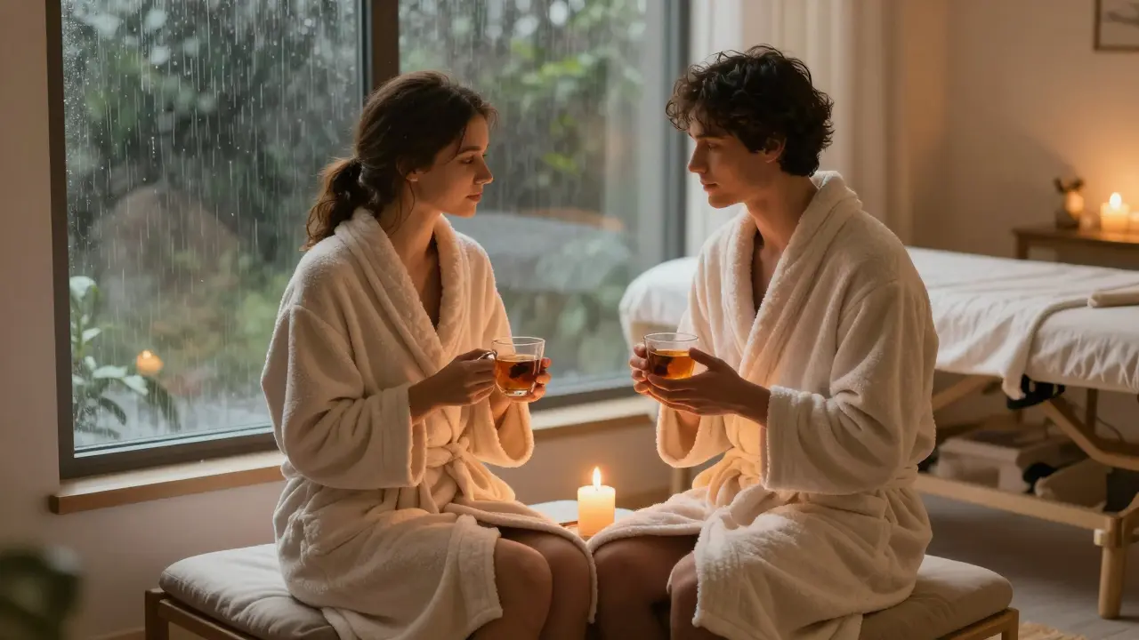 A couple sits quietly together after a massage, holding tea, wrapped in robes, with rain outside and a candle between them.