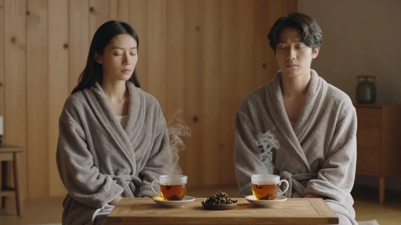 A couple sitting quietly in robes after a massage, sipping tea in peaceful silence.