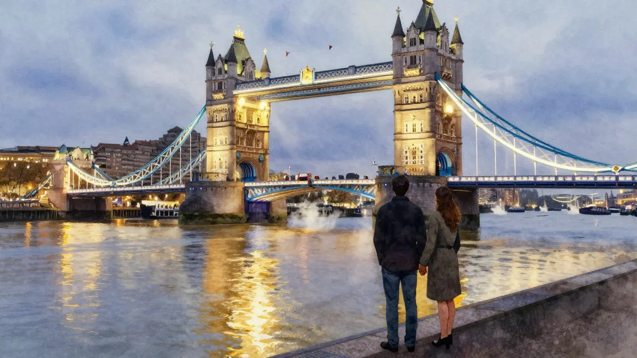 A couple stands by the Thames at dusk, Tower Bridge glowing with golden reflections on the water.