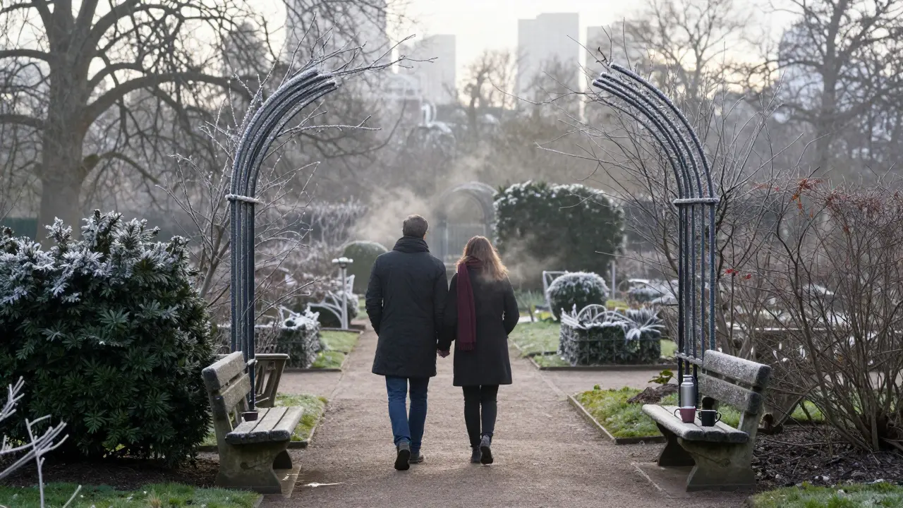A couple walks through a frost-covered rose garden in Regent’s Park during winter.