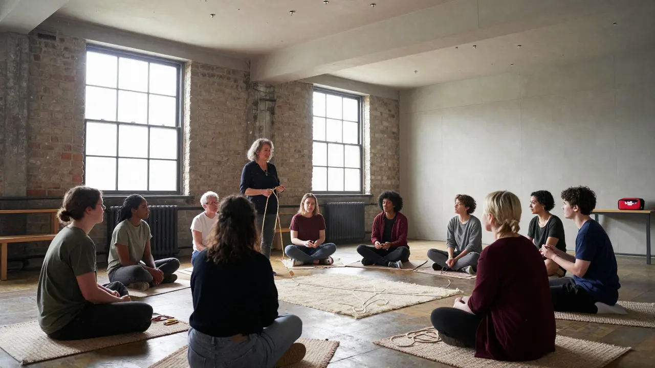 A diverse group in a loft listening to a woman lead a rope-tying workshop, with padded walls and a first-aid kit visible.