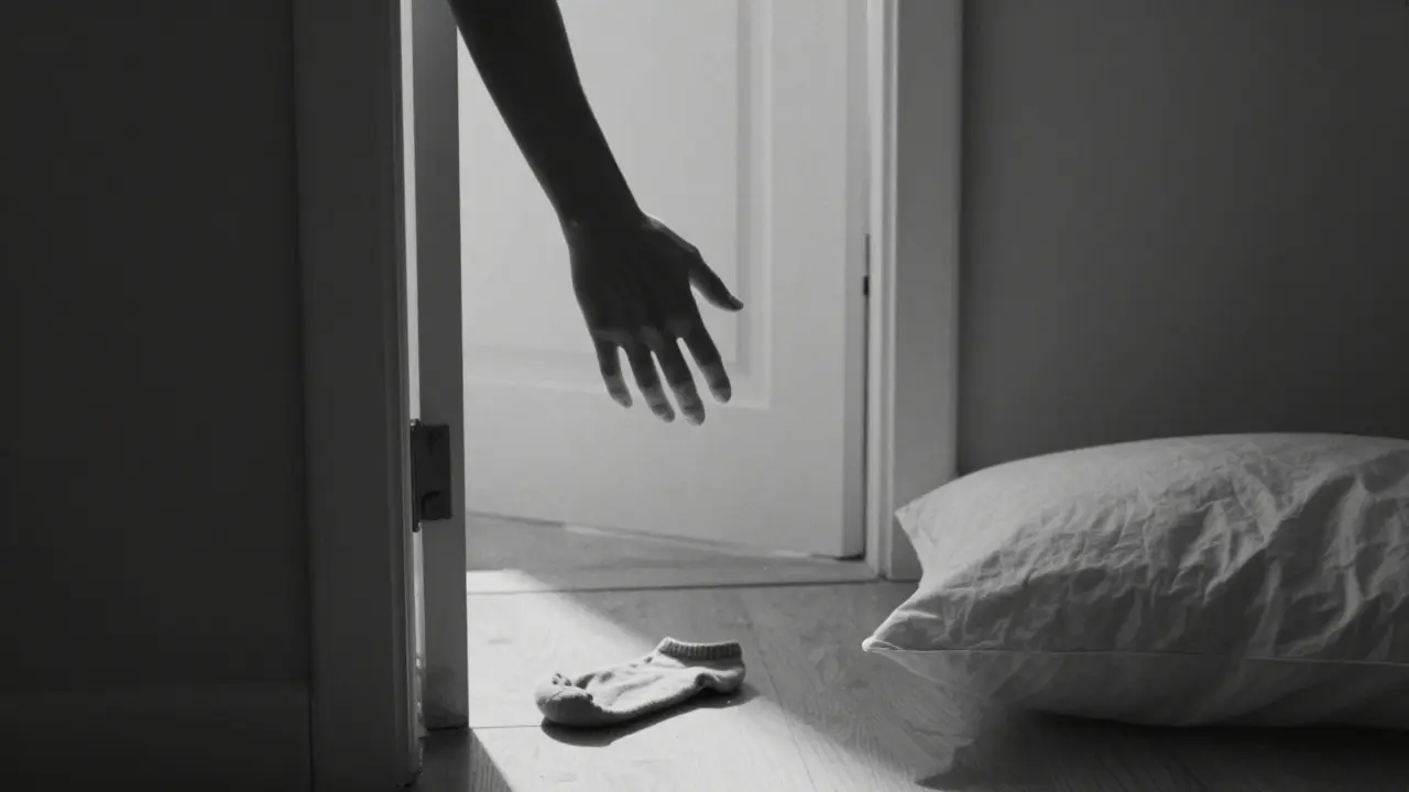 A hand reaching toward a half-open door, a sock on the floor, sunlight catching dust in a silent, empty room.