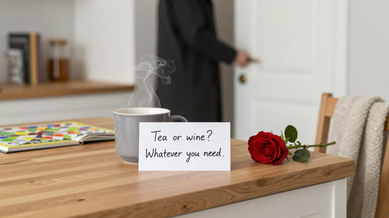 A handwritten note beside a mug and rose on a kitchen counter, suggesting thoughtful, non-sexual companionship.