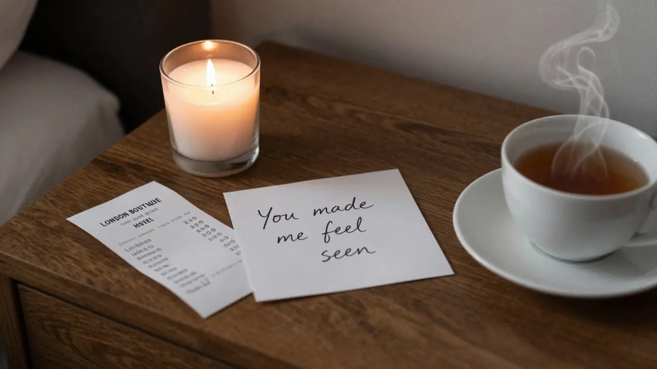 A handwritten note saying &#039;You made me feel seen&#039; beside a tea cup and candle on a wooden table.