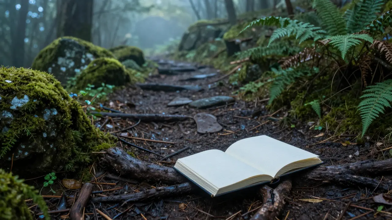 A journal left on a forest path at dawn, surrounded by mist and natural stillness.