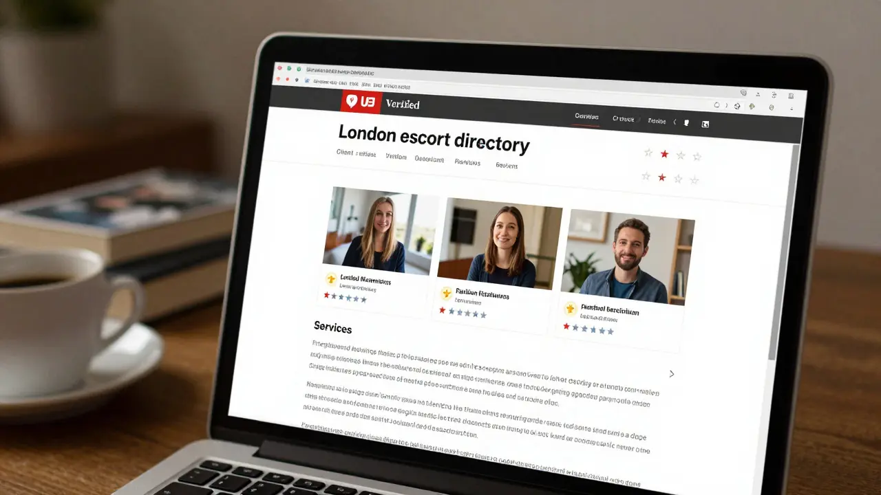 A laptop screen showing a verified escort profile with real photos and client reviews.