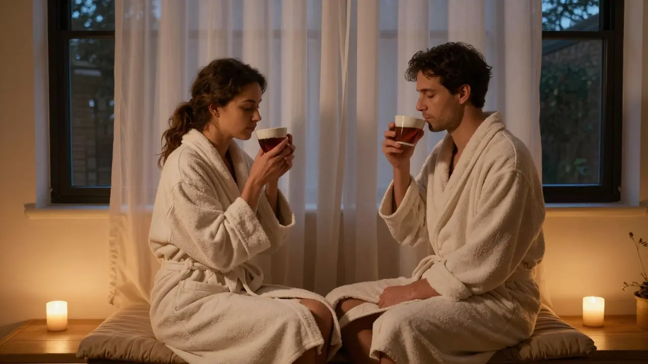 A man and woman sit together after a massage, wrapped in robes, sipping tea in peaceful silence.