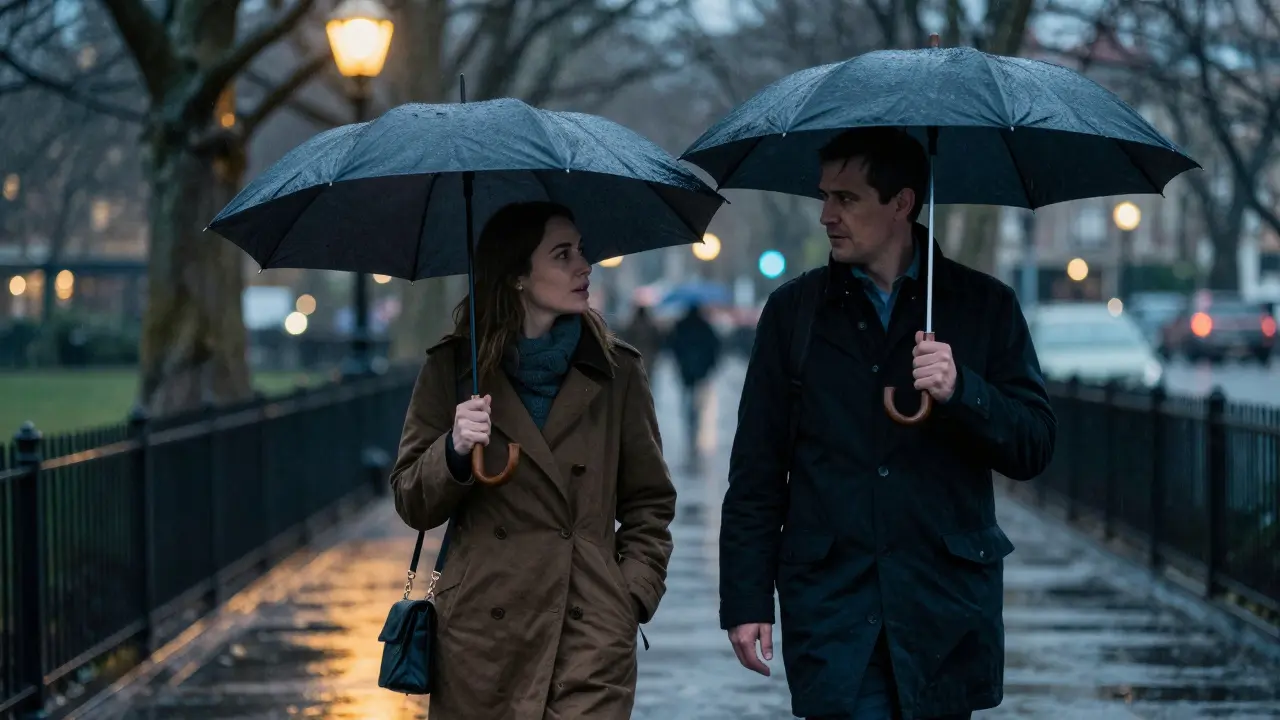A man and woman walking side by side in the rain through Hyde Park, radiating quiet companionship.