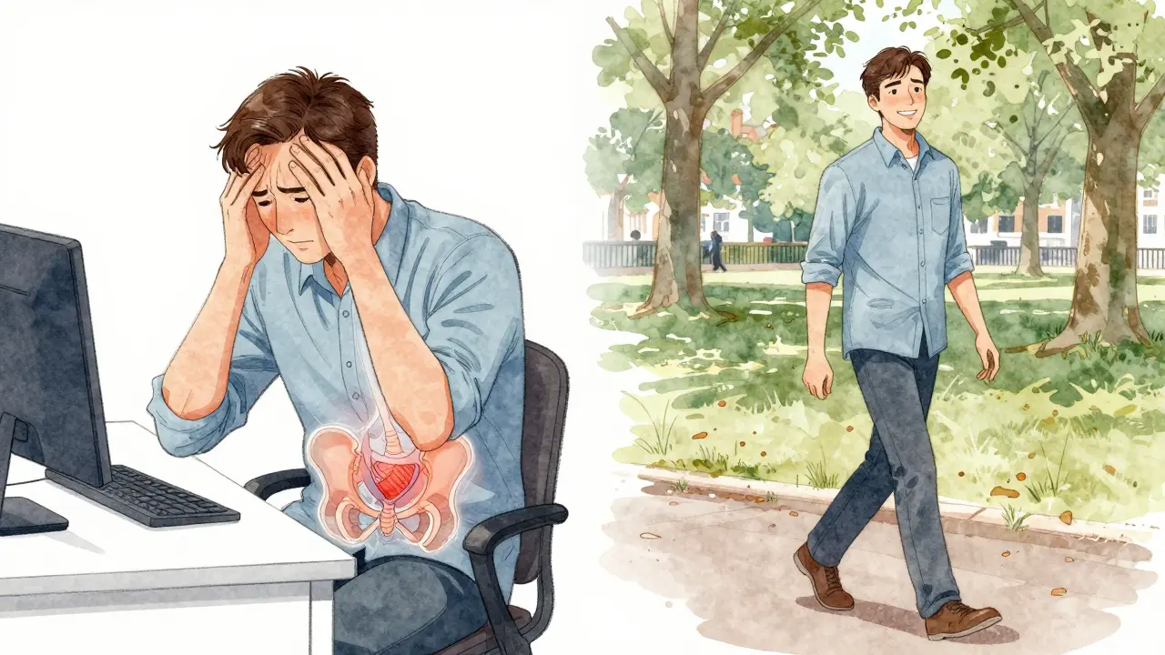 A man transitioning from stress at work to relaxation in nature, with subtle pelvic anatomy overlay.