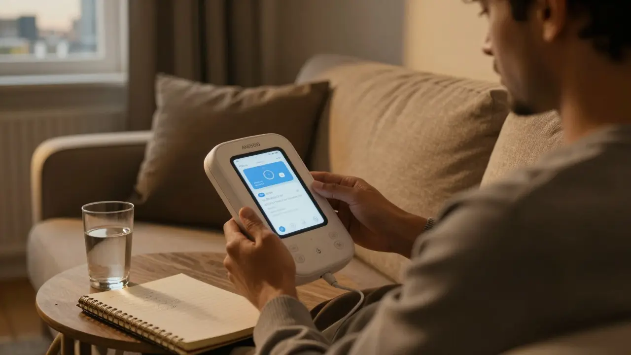 A man using a medical device at home for prostate wellness, surrounded by calm, everyday details.