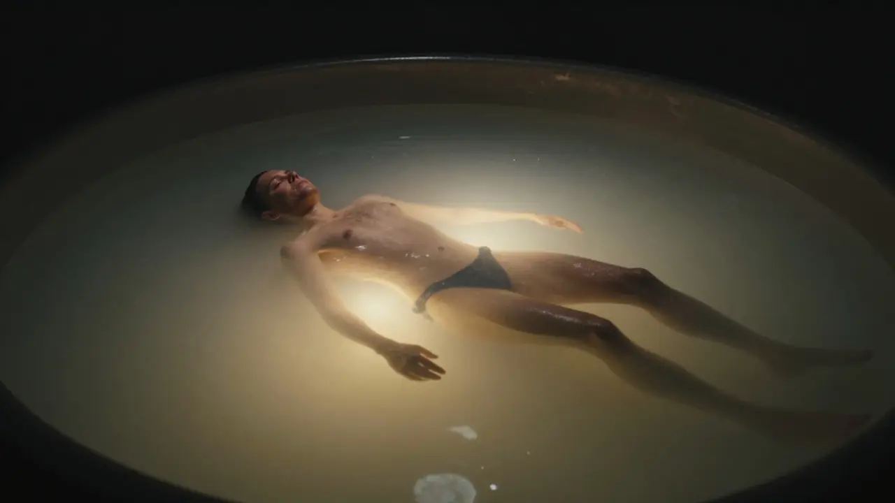 A person floating weightlessly in a dark, silent float tank with golden light reflecting on the water's surface.
