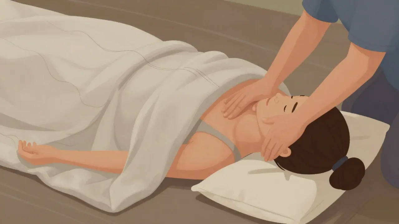 A person relaxed under a weighted blanket as a therapist applies gentle strokes in a calm, shadowed spa setting.