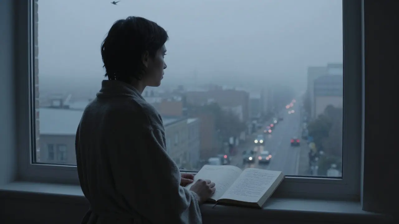 A solitary person at a window at dawn, staring outside with a journal open, reflecting after deep thought.
