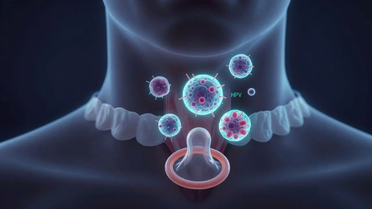 A stylized throat with glowing STI pathogens surrounded by protective barriers in surreal medical art.