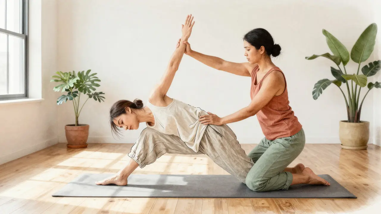 A Thai massage session in a minimalist studio, therapist gently stretching a clothed client in sunlight.