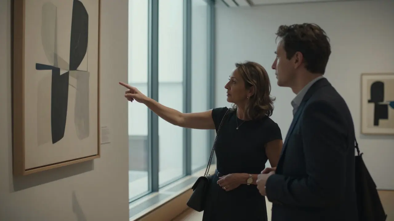 A woman guiding a client through an art gallery, pointing at a painting with quiet expertise.