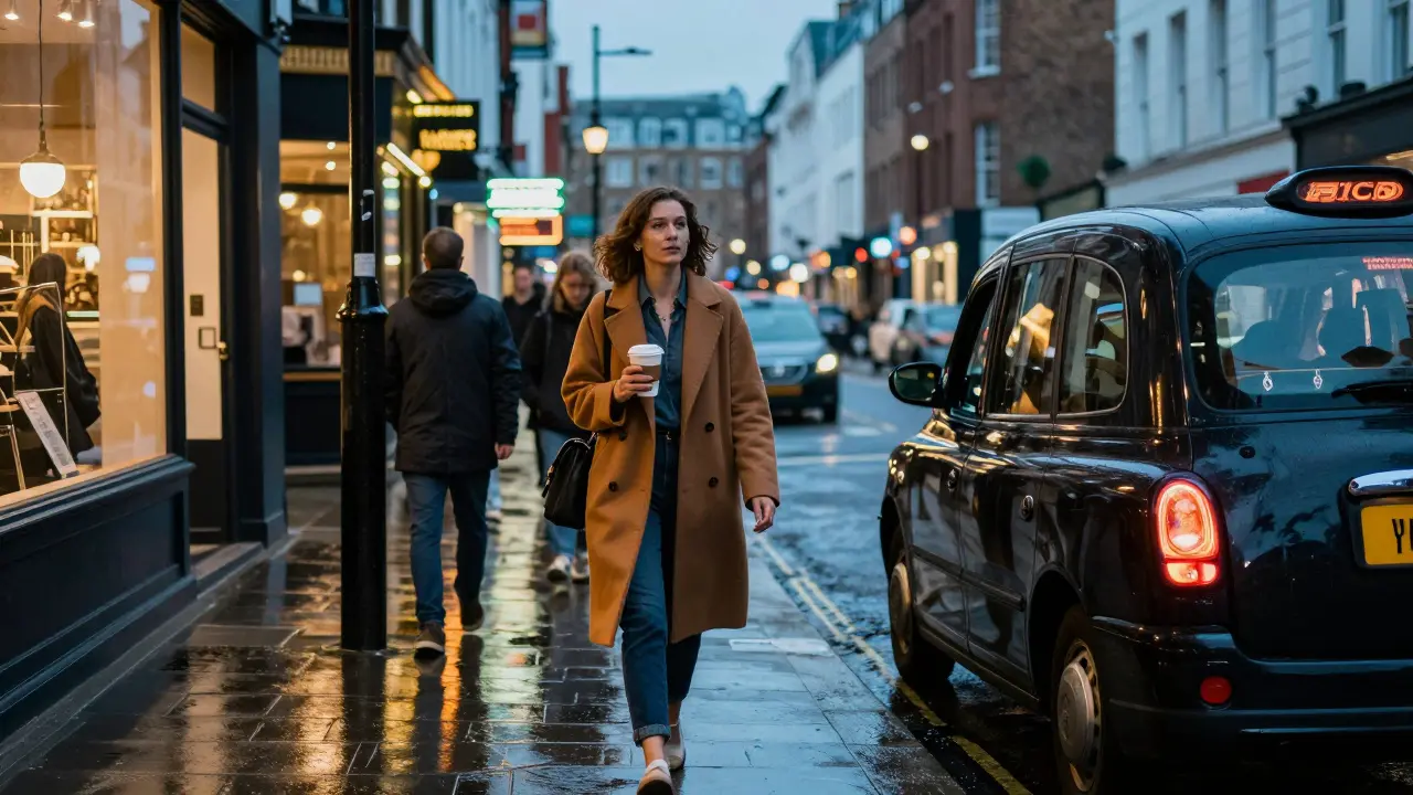 A woman walking through Shoreditch at dusk, taxi waiting nearby with suitcase.