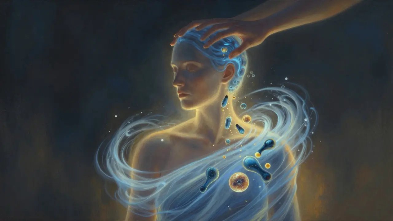 Abstract representation of calming touch releasing stress and boosting mood.