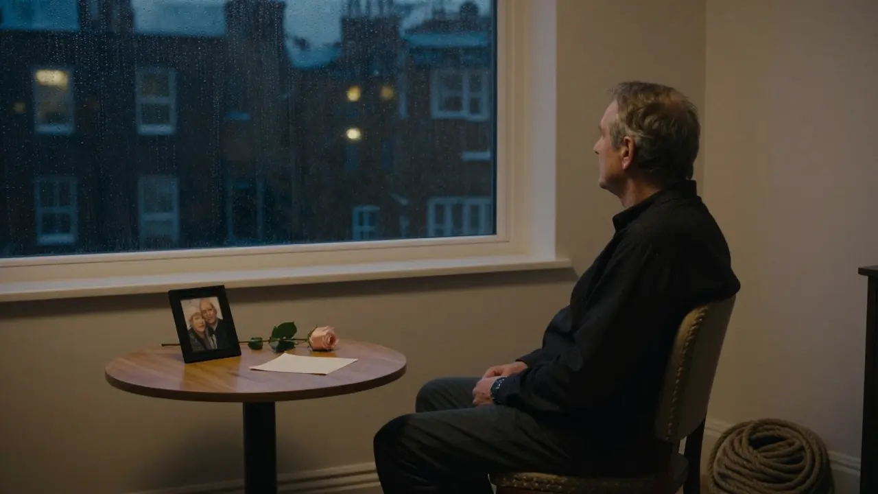 An elderly man sitting alone by a rainy window, a coiled rope on the floor beside him, a photo and rose on the table.