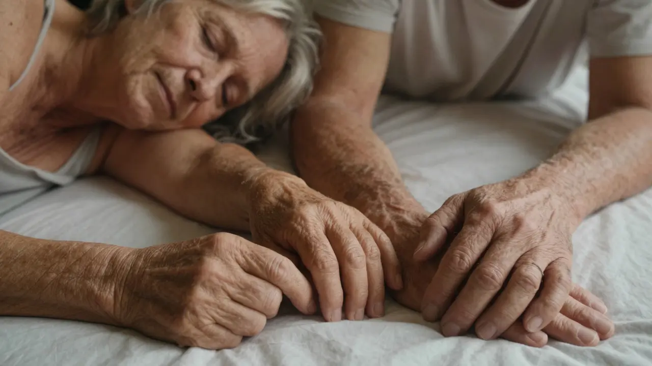 An older couple holding hands in bed, their bodies softly illuminated, showing natural skin and aging with tenderness.
