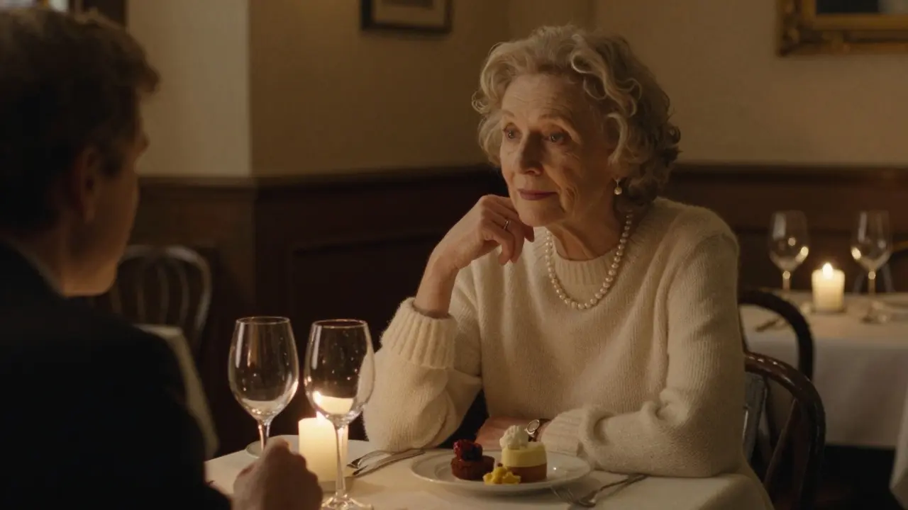 An older woman and client sharing a quiet dinner in a candlelit restaurant, smiling softly.