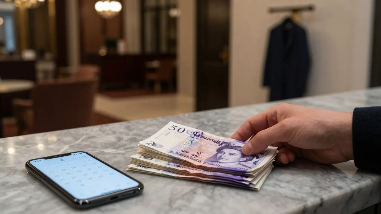 Cash placed on a countertop beside a phone showing a booking, hotel lobby blurred in background.
