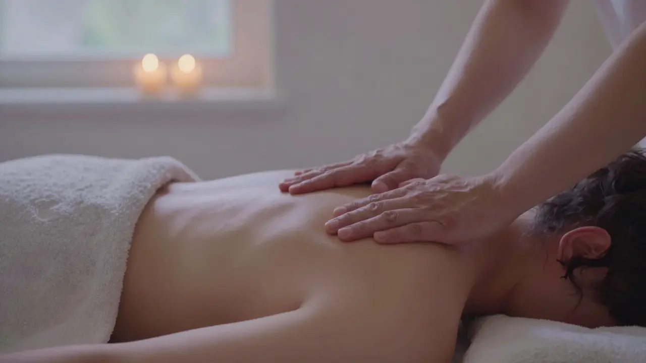 Close-up of hands kneading shoulder muscles with a towel draped over the body, candles glowing in the background.