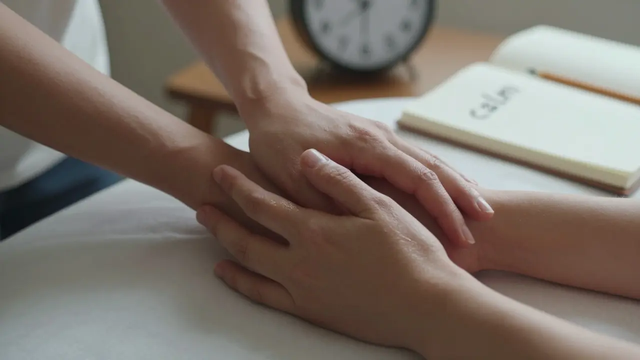 Close-up of therapist's and client's hands interlocked on a massage table, oil glistening under warm light.