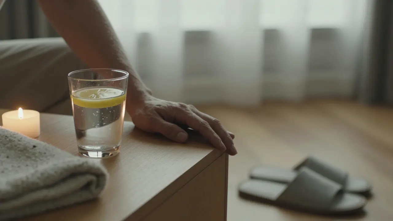 Close-up of water with lemon and sea salt beside a candle and blanket on a wooden table.