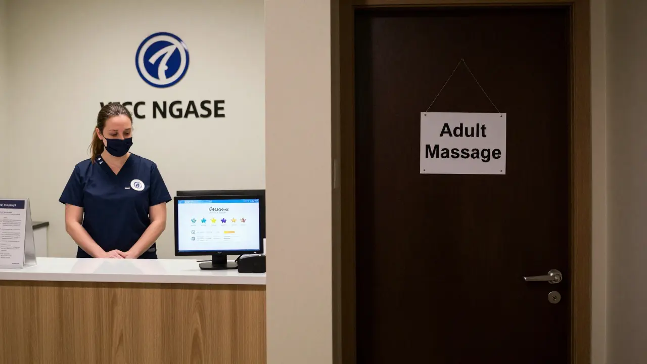 Contrast between a licensed massage clinic with certifications and a suspicious residential flat with a hidden adult massage sign.